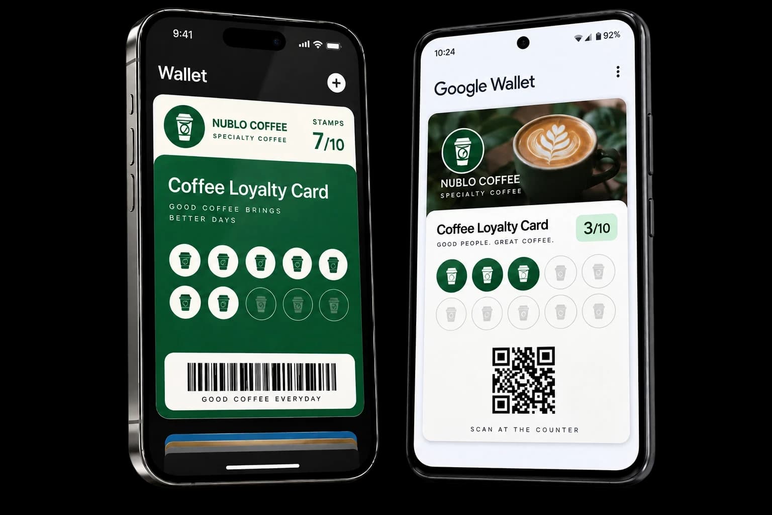 La misma tarjeta de sellos en Apple Wallet en un iPhone y en Google Wallet en un Android